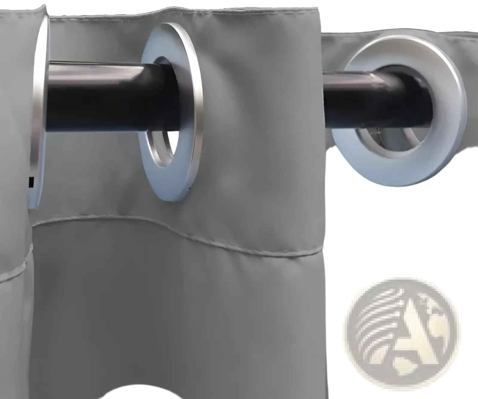 Gray outdoor blackout curtain with waterproof fabric silver-toned metal grommets and black rod measuring 50 x 108 inches
