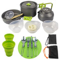 Compact lightweight folding non-stick camping cookware set with dark gray aluminum pots, lime green handles, and silicone cups