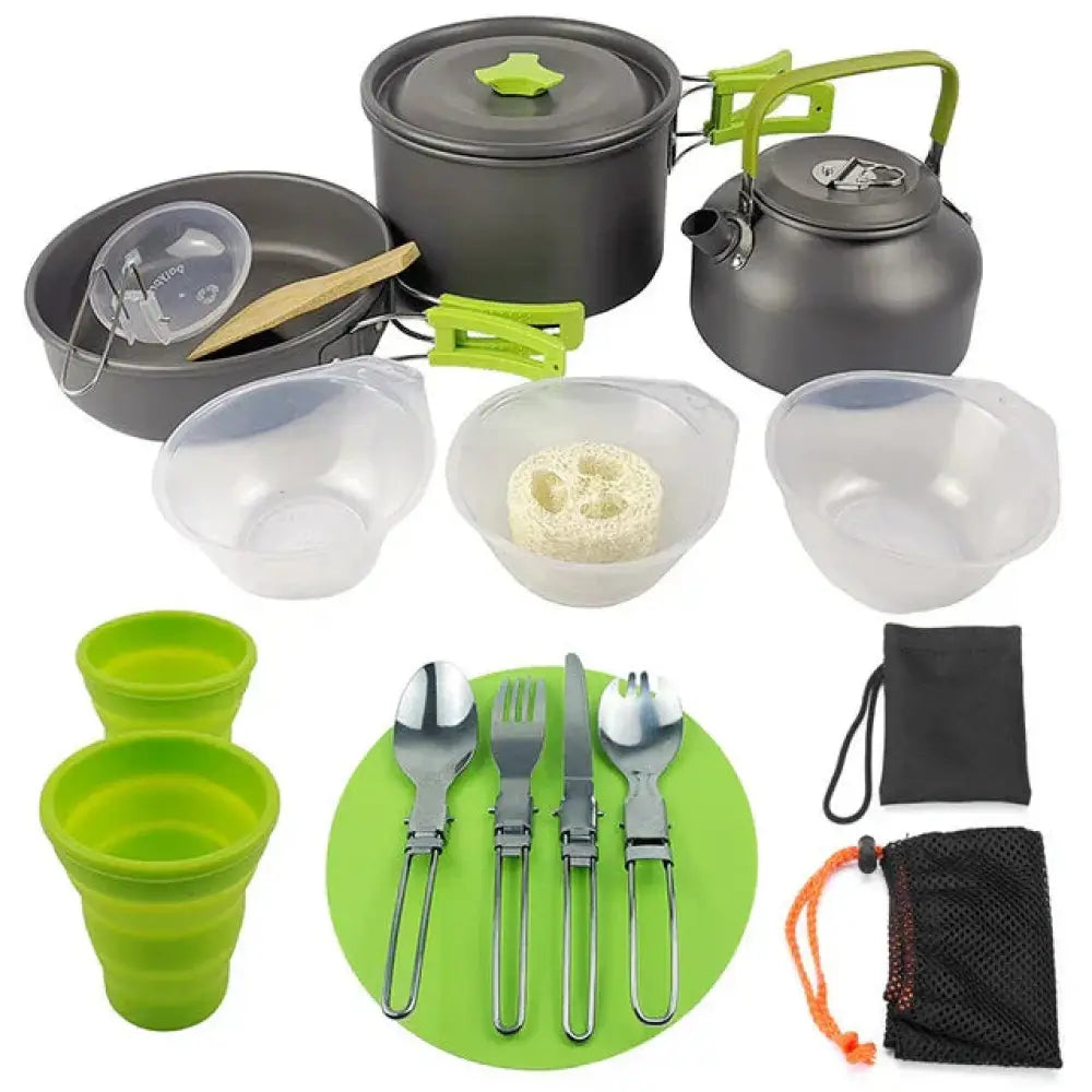 Compact lightweight folding non-stick camping cookware set with dark gray aluminum pots, lime green handles, and silicone cups