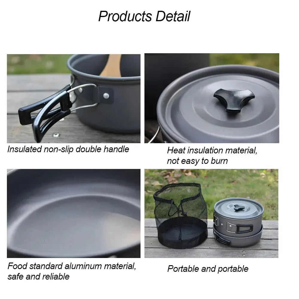 Gray aluminum lightweight folding non-stick camping pot with black three-pronged lid and insulated non-slip double handle