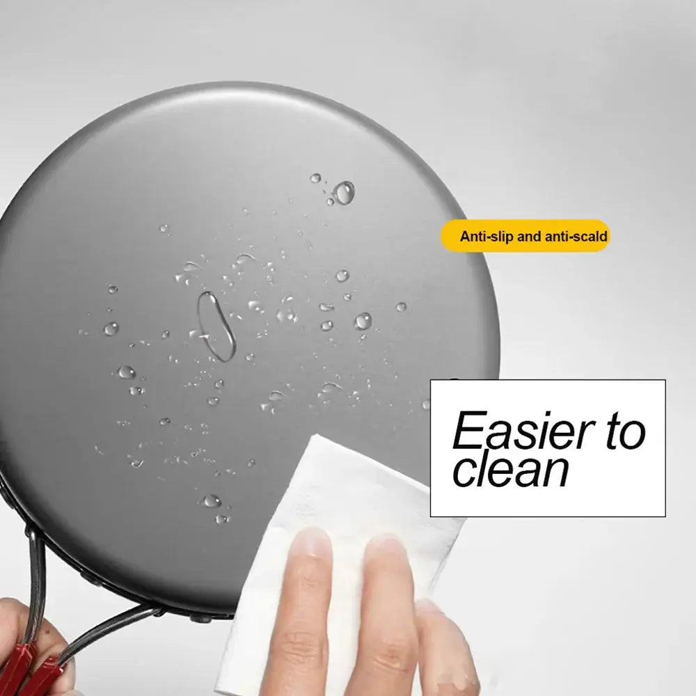 Lightweight gray non-stick frying pan with anti-slip and anti-scald features for easy cleaning in camping cookware set