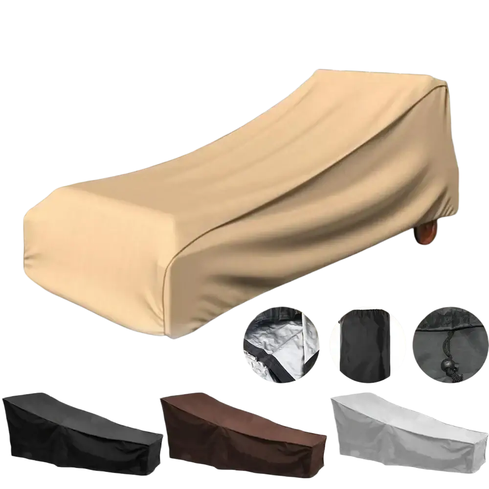Beige waterproof outdoor chaise lounge cover with reinforced seams and drawstring closure for weatherproof protection