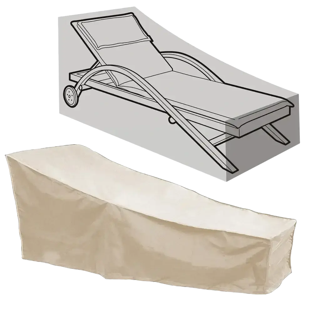 Beige outdoor chaise lounge cover made of durable weather-resistant fabric for waterproof weatherproof protection