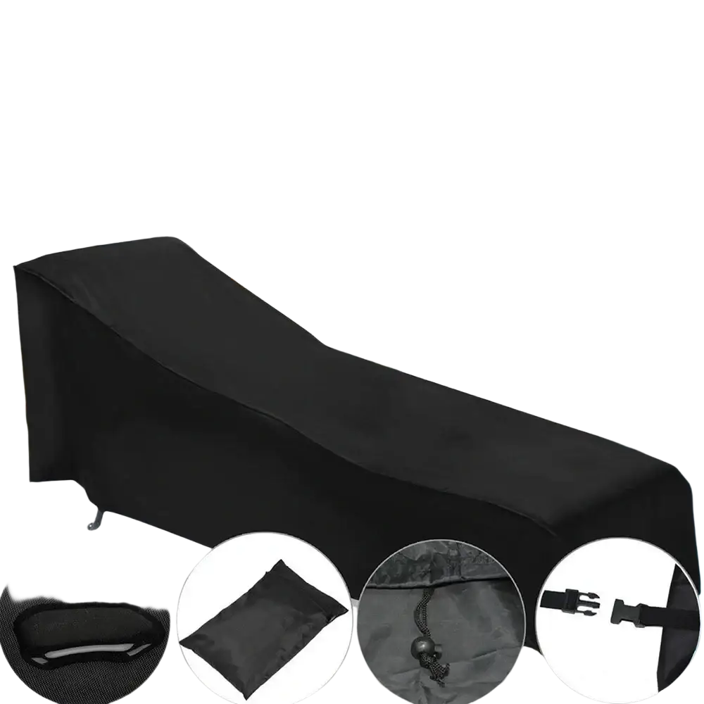 Black outdoor chaise lounge cover waterproof and weatherproof with adjustable straps for secure fit visible from back side