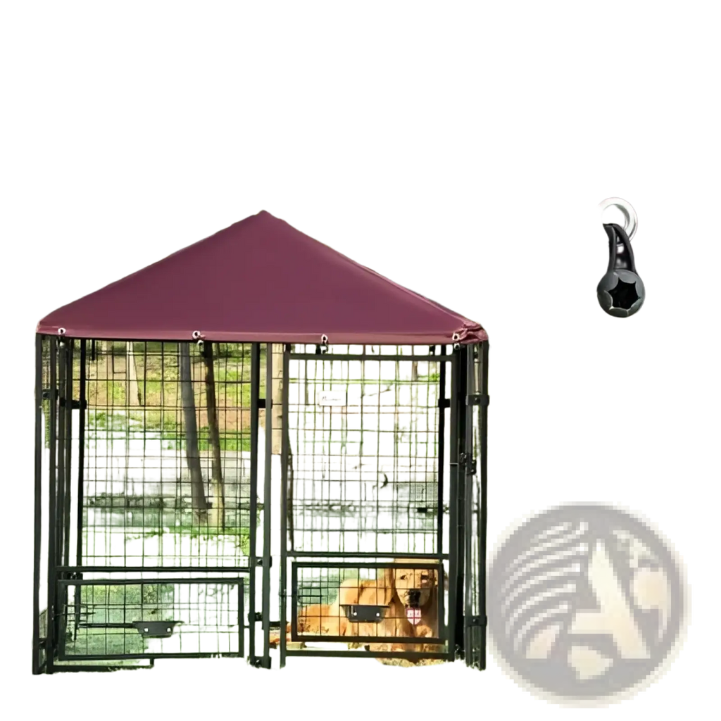 Outdoor dog kennel with maroon canopy black metal frame and grid panels featuring a swivel bowl rack