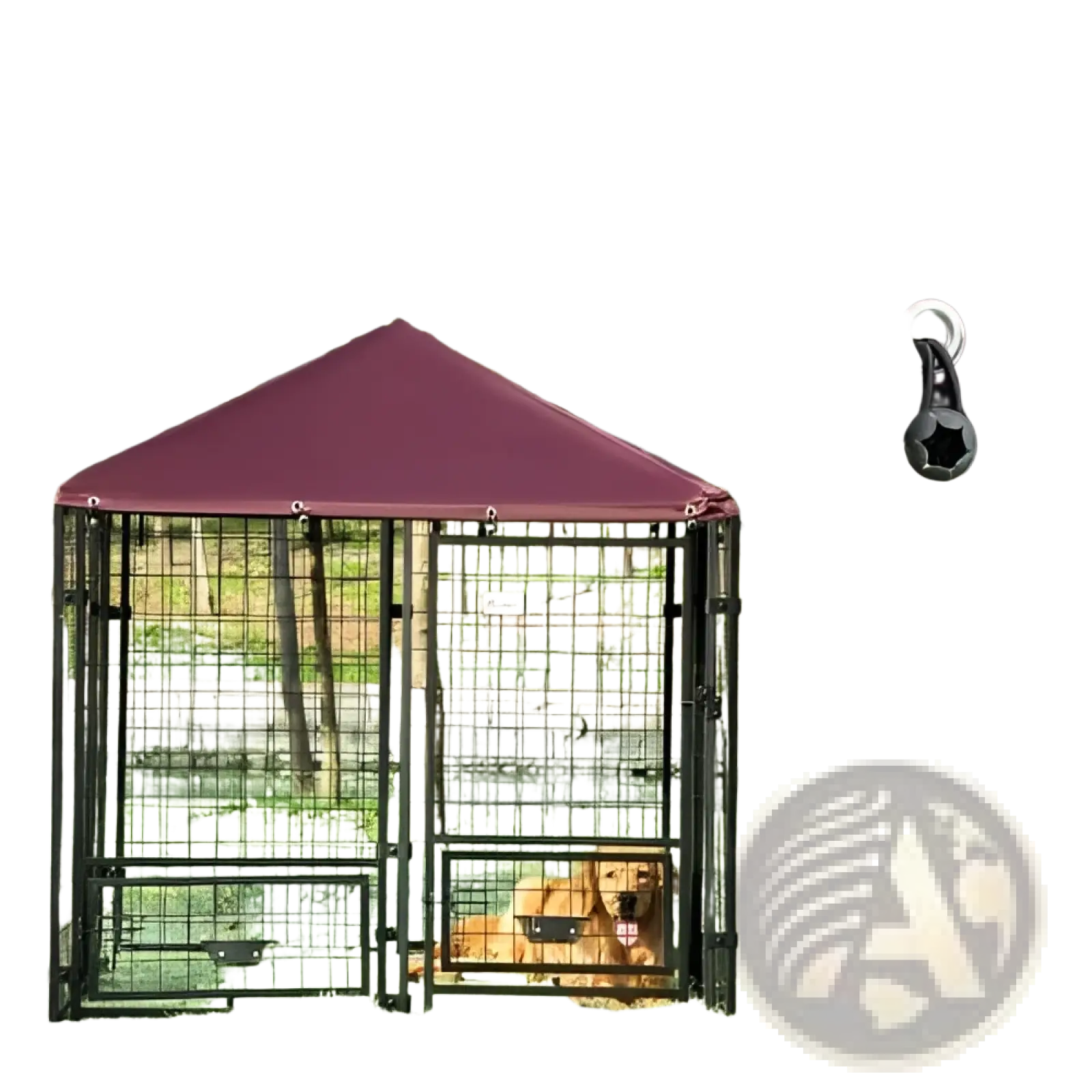 Outdoor dog kennel with maroon canopy black metal frame and grid panels featuring a swivel bowl rack