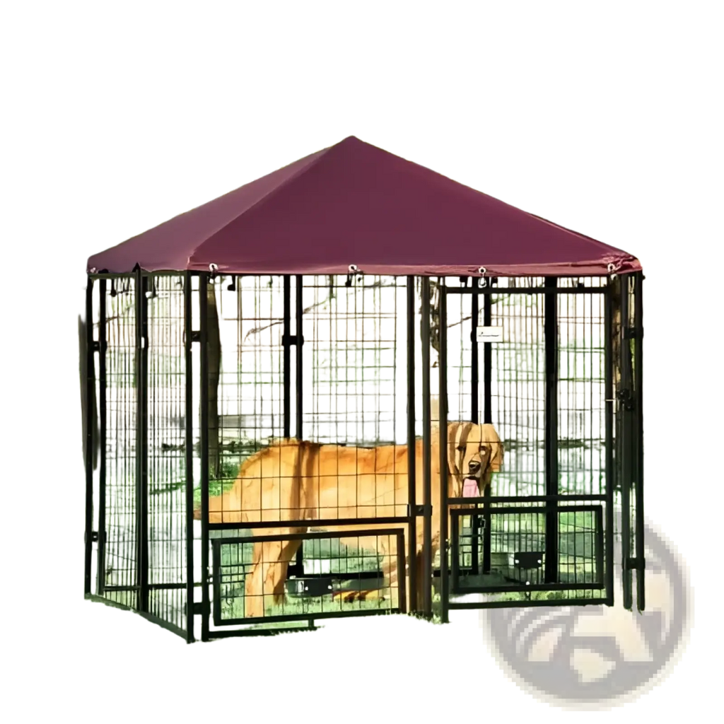 Maroon canopy outdoor dog kennel with black metal frame and swivel bowl rack for secure pet containment