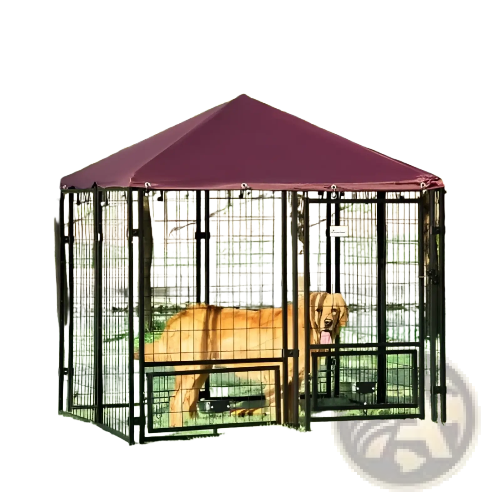 Maroon canopy outdoor dog kennel with black metal frame and swivel bowl rack for secure pet containment