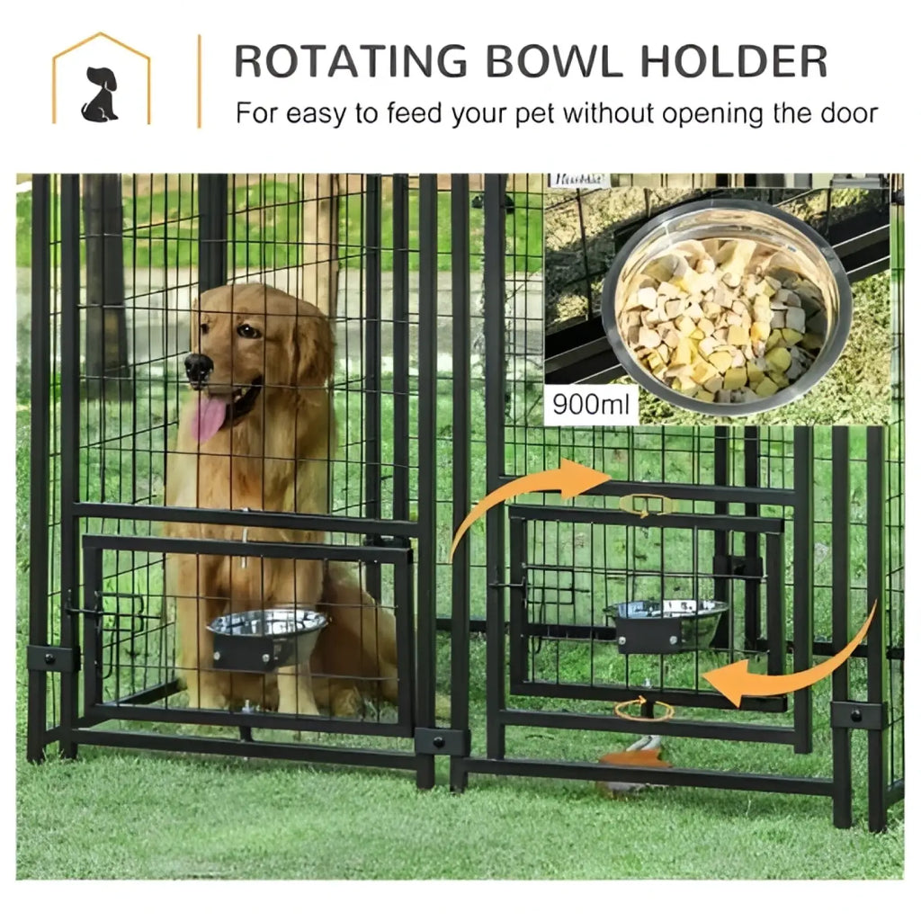 Black metal rotating bowl holder with 900ml stainless steel pet food bowl mounted on outdoor dog kennel frame