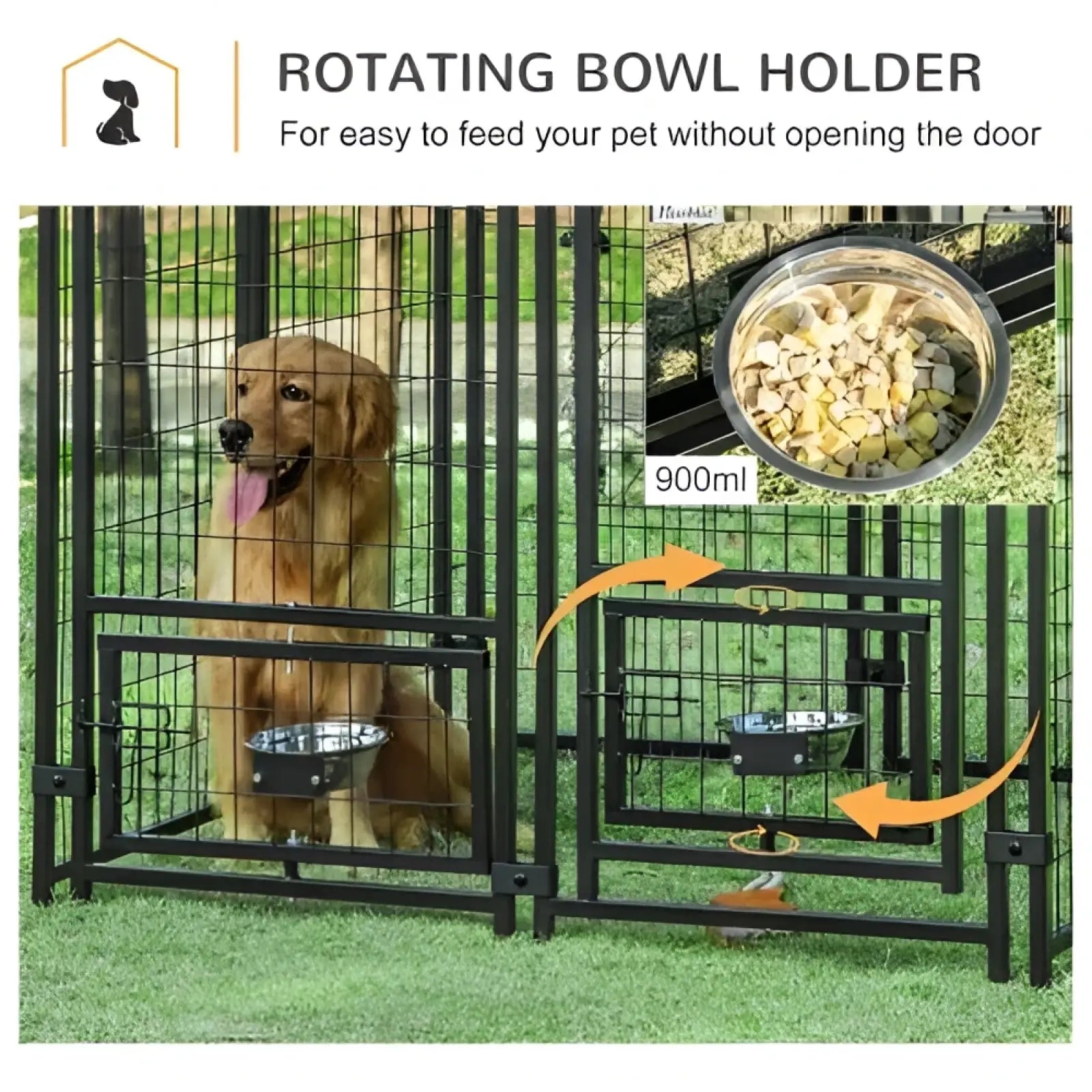 Black metal rotating bowl holder with 900ml stainless steel pet food bowl mounted on outdoor dog kennel frame