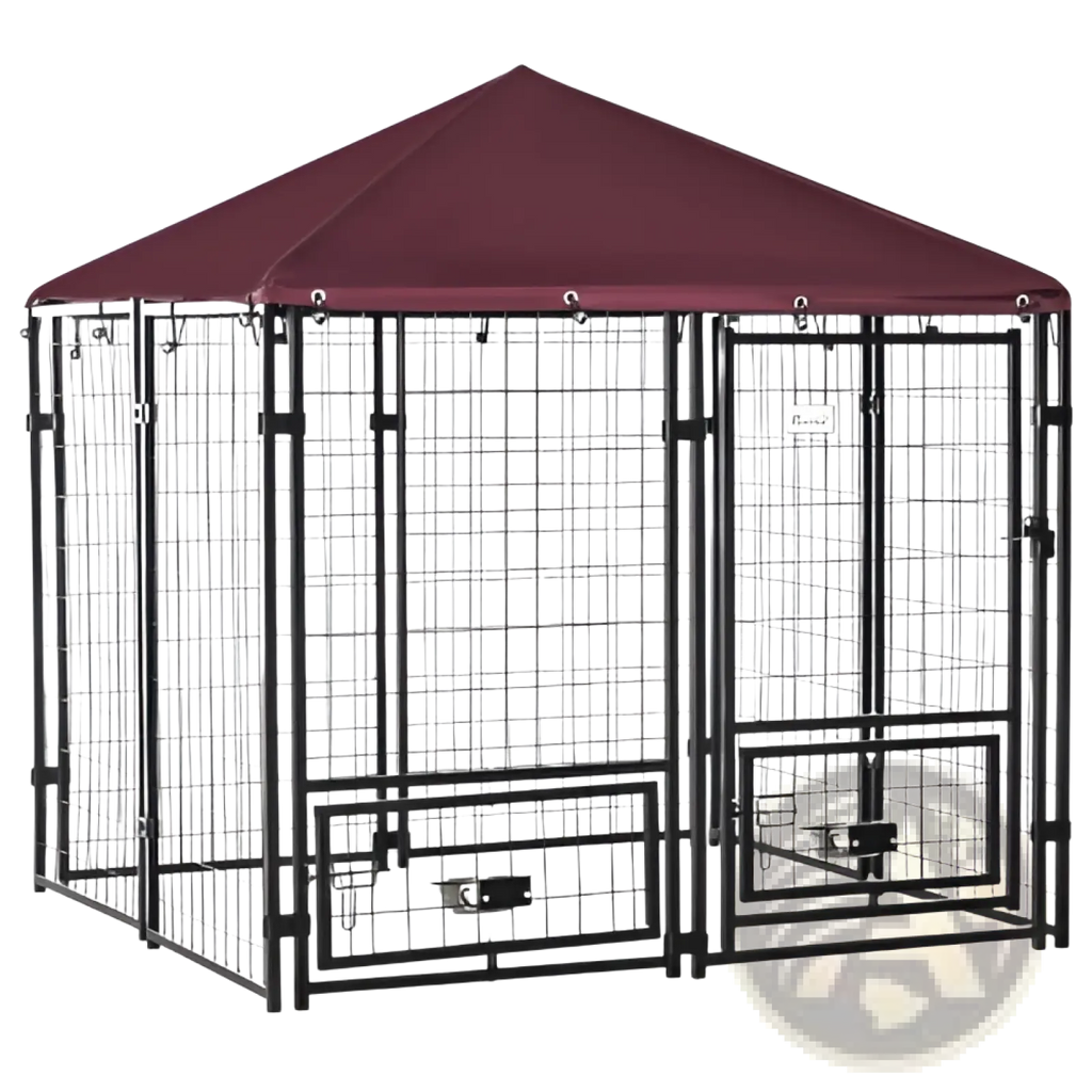 Black metal outdoor dog kennel with swivel bowl rack and maroon canopy providing shelter and convenience