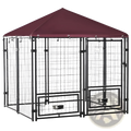 Black metal outdoor dog kennel with swivel bowl rack and maroon canopy providing shelter and convenience