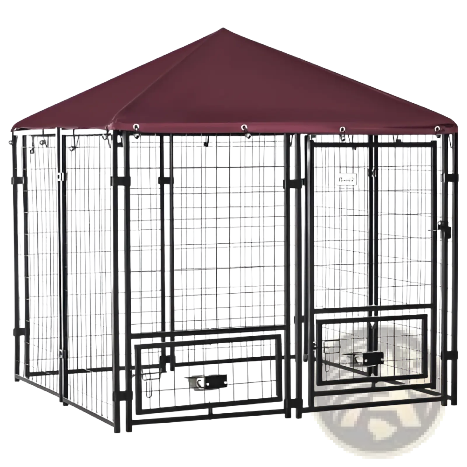 Black metal outdoor dog kennel with swivel bowl rack and maroon canopy providing shelter and convenience