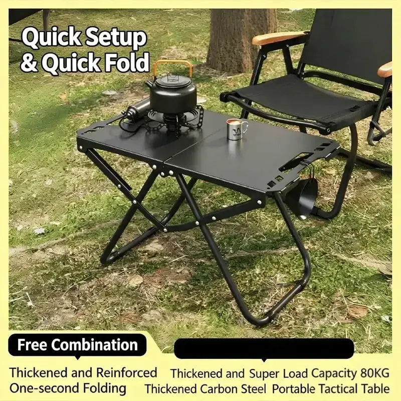 Black foldable outdoor camping table with thickened carbon steel frame and reinforced design made in china mainland
