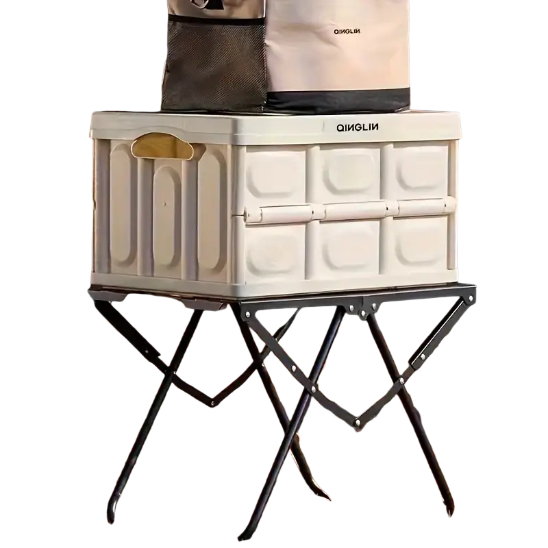 Cream-colored foldable plastic storage crate with black metal stand for outdoor folding camping table china mainland
