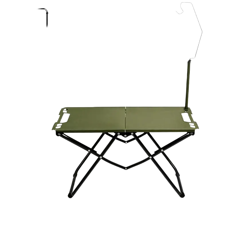 Military green tactical folding camping table with black metal frame and lamp stand made of carbon steel from mainland china