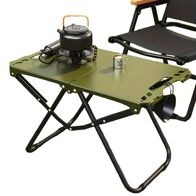 Olive green foldable camping table with black carbon steel frame and reinforced joints made in china mainland