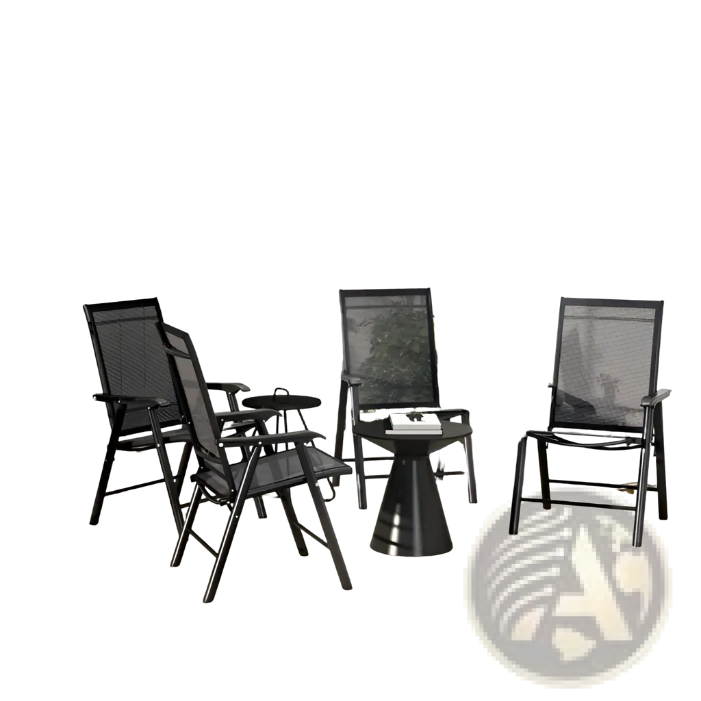 Set of four black mesh outdoor folding patio chairs with sleek metal frames around a matching conical side table