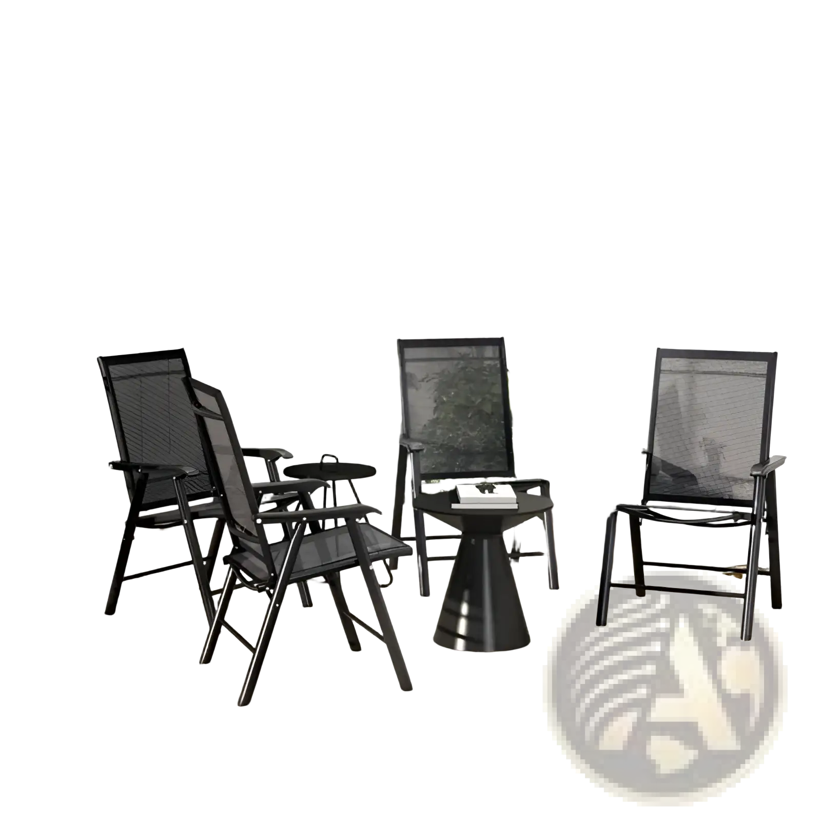 Set of four black mesh outdoor folding patio chairs with sleek metal frames around a matching conical side table