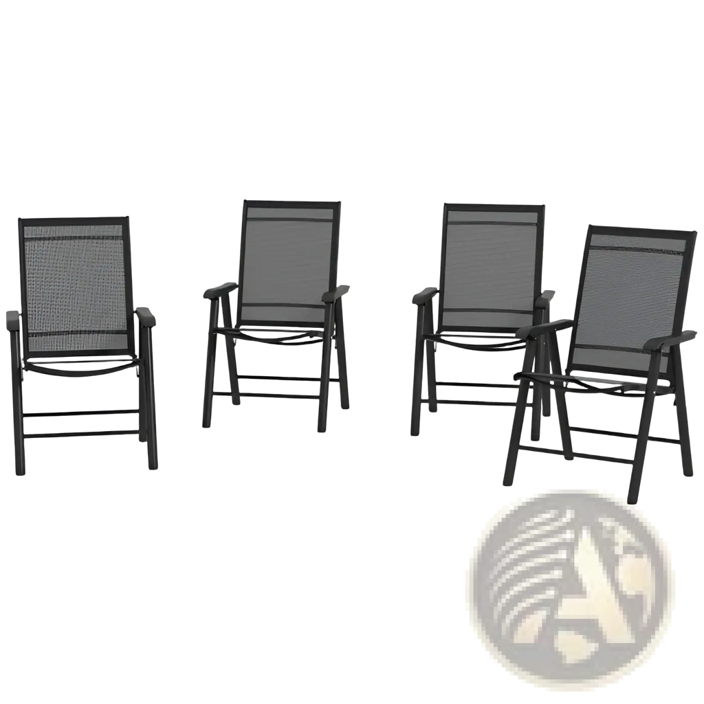 Set of four black outdoor folding chairs with mesh backrests and armrests for patio seating