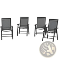 Set of four black outdoor folding chairs with mesh backrests and armrests for patio seating