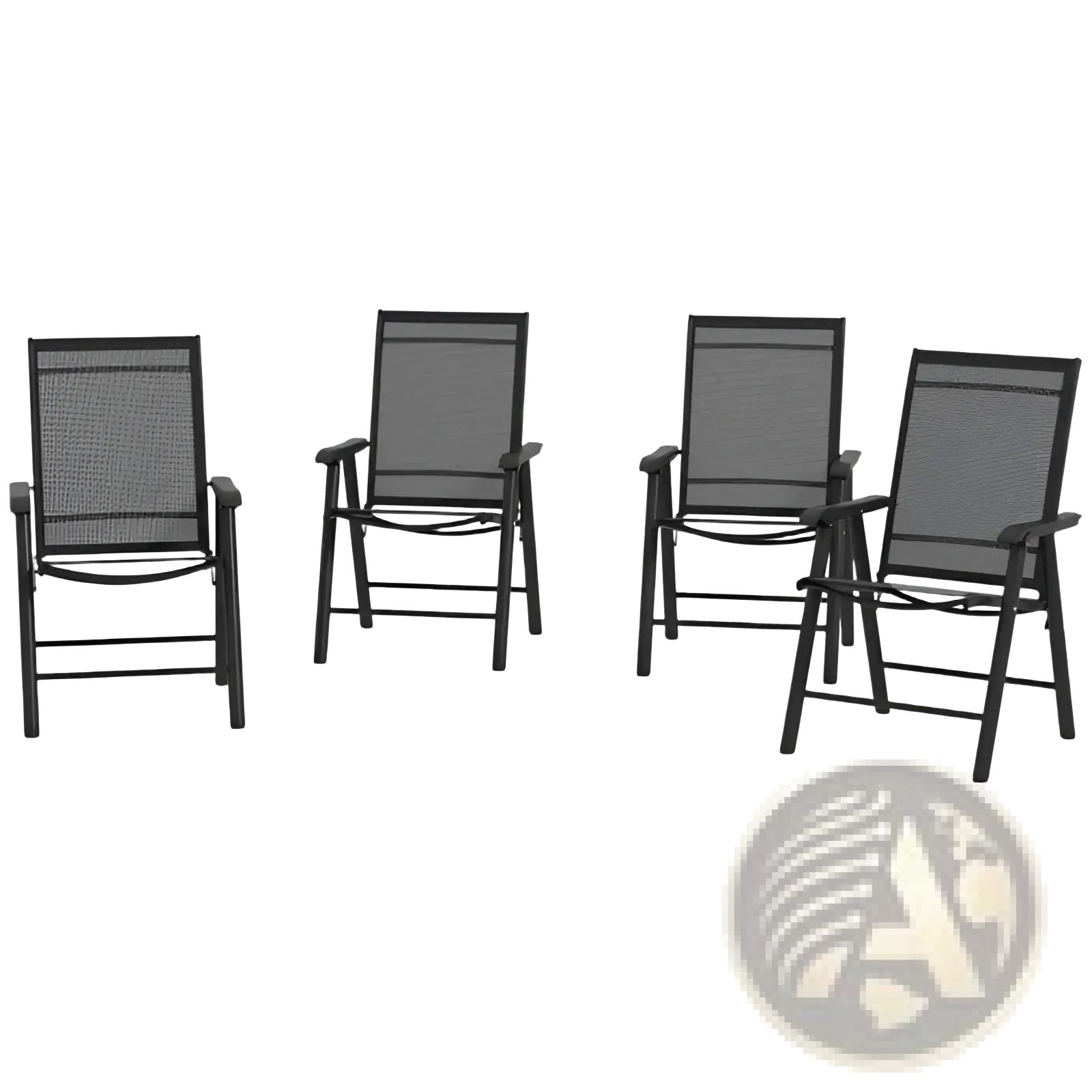 Set of four black outdoor folding chairs with mesh backrests and armrests for patio seating