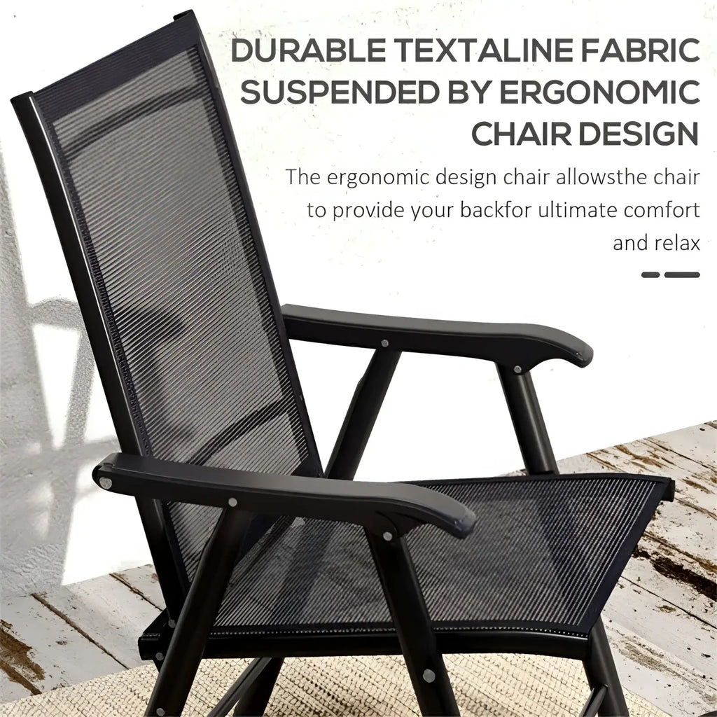 Black mesh reclining patio chair with durable textaline fabric and ergonomic frame in outdoor folding chairs set of 4