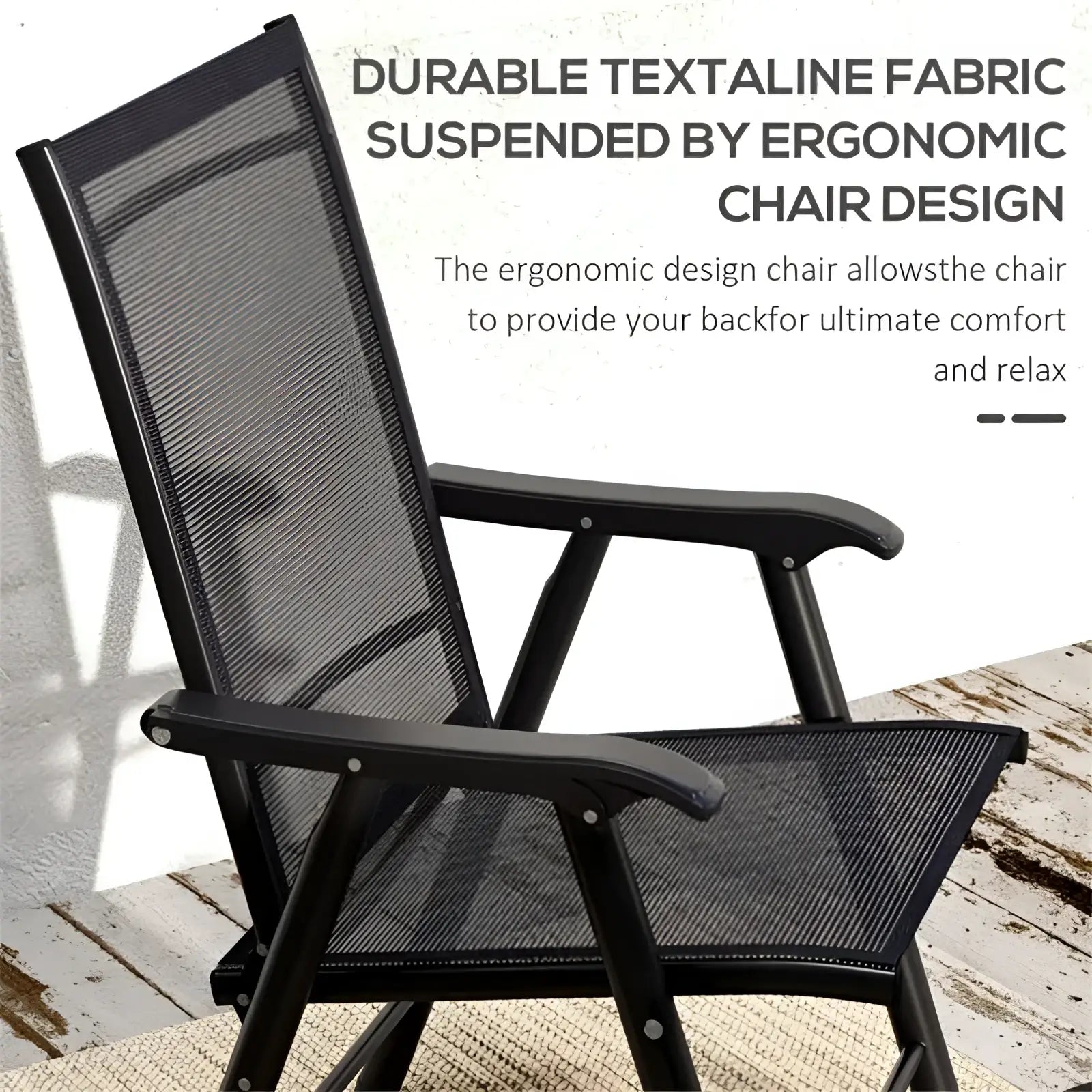 Black mesh reclining patio chair with durable textaline fabric and ergonomic frame in outdoor folding chairs set of 4