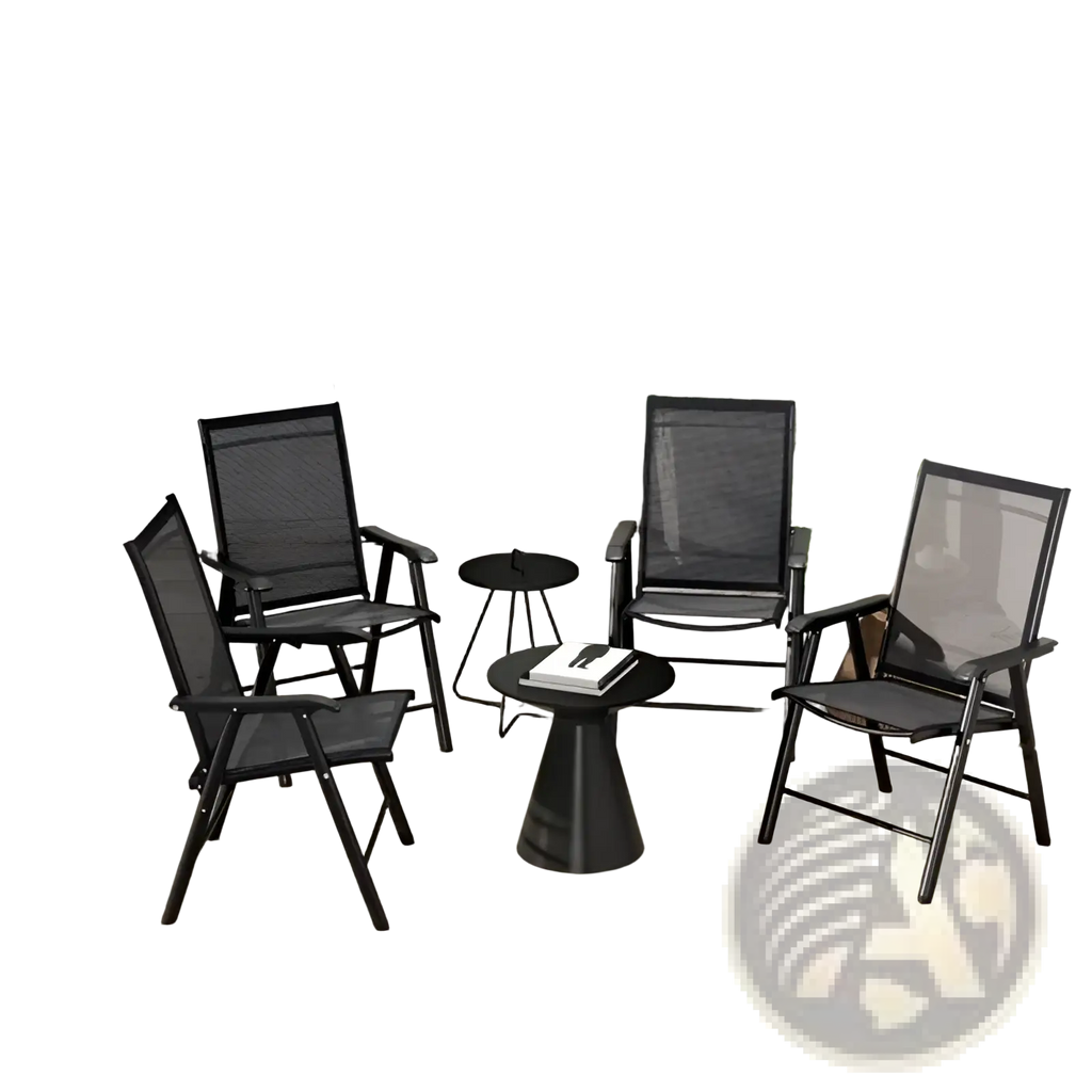 Black mesh patio chairs with sleek metal frames arranged around a matching black conical side table for outdoor seating