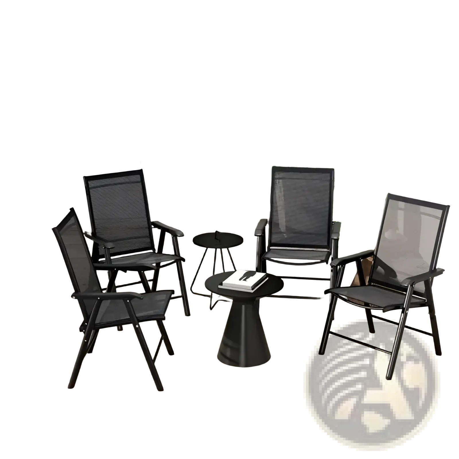 Black mesh patio chairs with sleek metal frames arranged around a matching black conical side table for outdoor seating