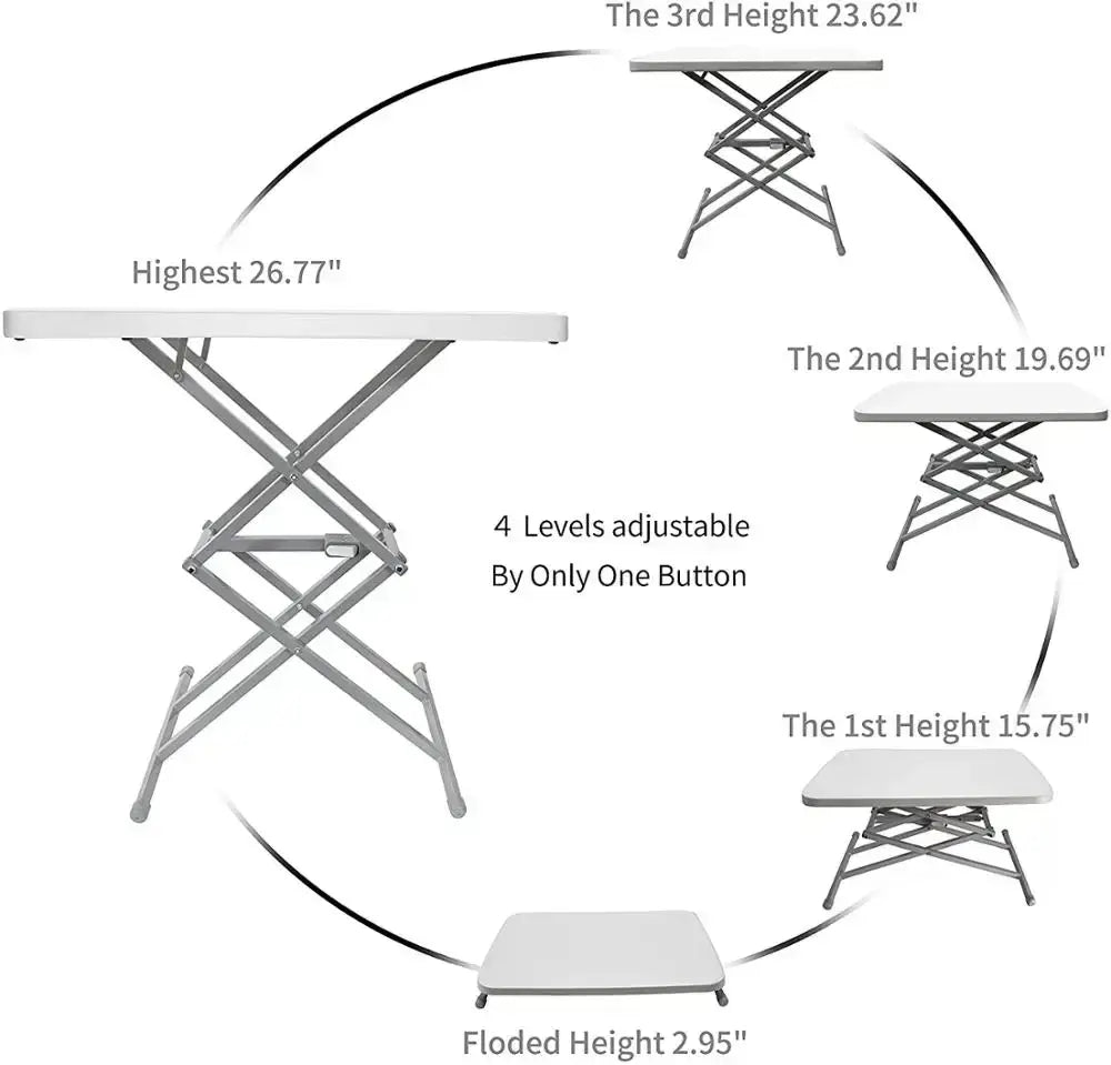 Adjustable height outdoor folding table with white top and silver metal frame minimalist modern furniture with high bearing capacity