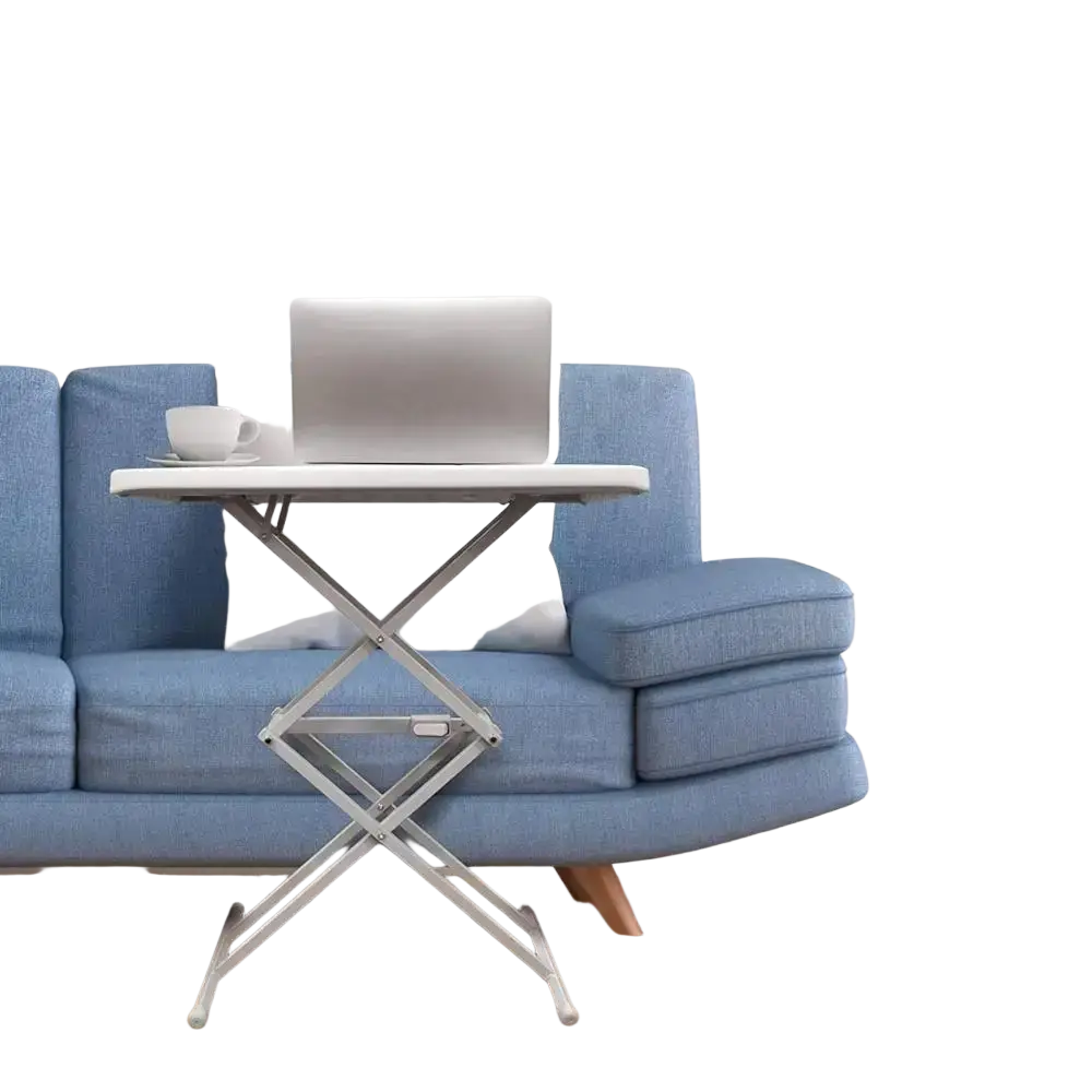Silver foldable laptop stand with white top surface designed as minimalist modern outdoor furniture with high bearing capacity