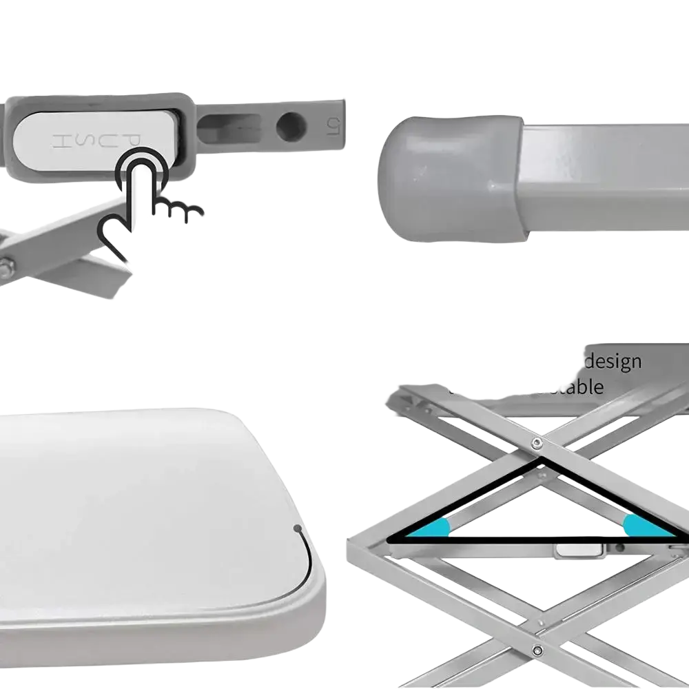 Silver metallic folding desk with curved edges and protective leg caps designed for minimalist modern outdoor furniture with high bearing capacity