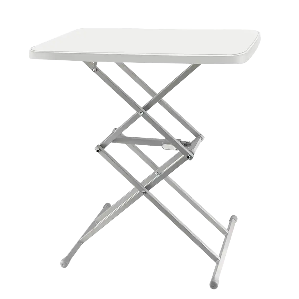 White rectangular outdoor folding table with a minimalist modern design, silver metallic frame, and strong bearing capacity