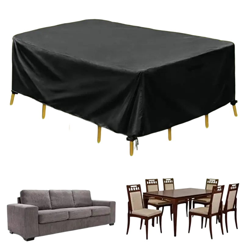 Black waterproof outdoor furniture cover made of polyester with drawstring ties and reinforced corners for depth x height fit