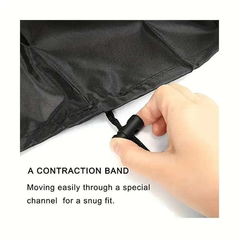 Black fabric contraction band with plastic toggle for adjustable fit on outdoor furniture cover waterproof polyester black