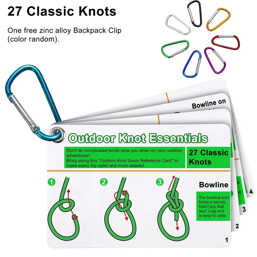 A blue zinc alloy carabiner clip attached to folded outdoor knot guide cards showing 27 classic knots