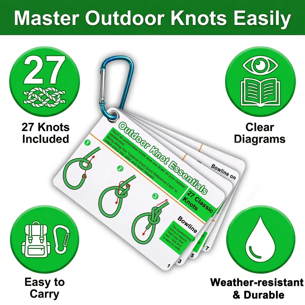 Outdoor knot guide cards set with 27 clear white and green knot diagrams attached to blue carabiner clip