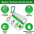 Outdoor knot guide cards set with 27 clear white and green knot diagrams attached to blue carabiner clip