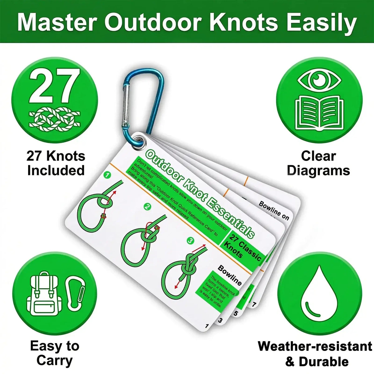 Outdoor knot guide cards set with 27 clear white and green knot diagrams attached to blue carabiner clip