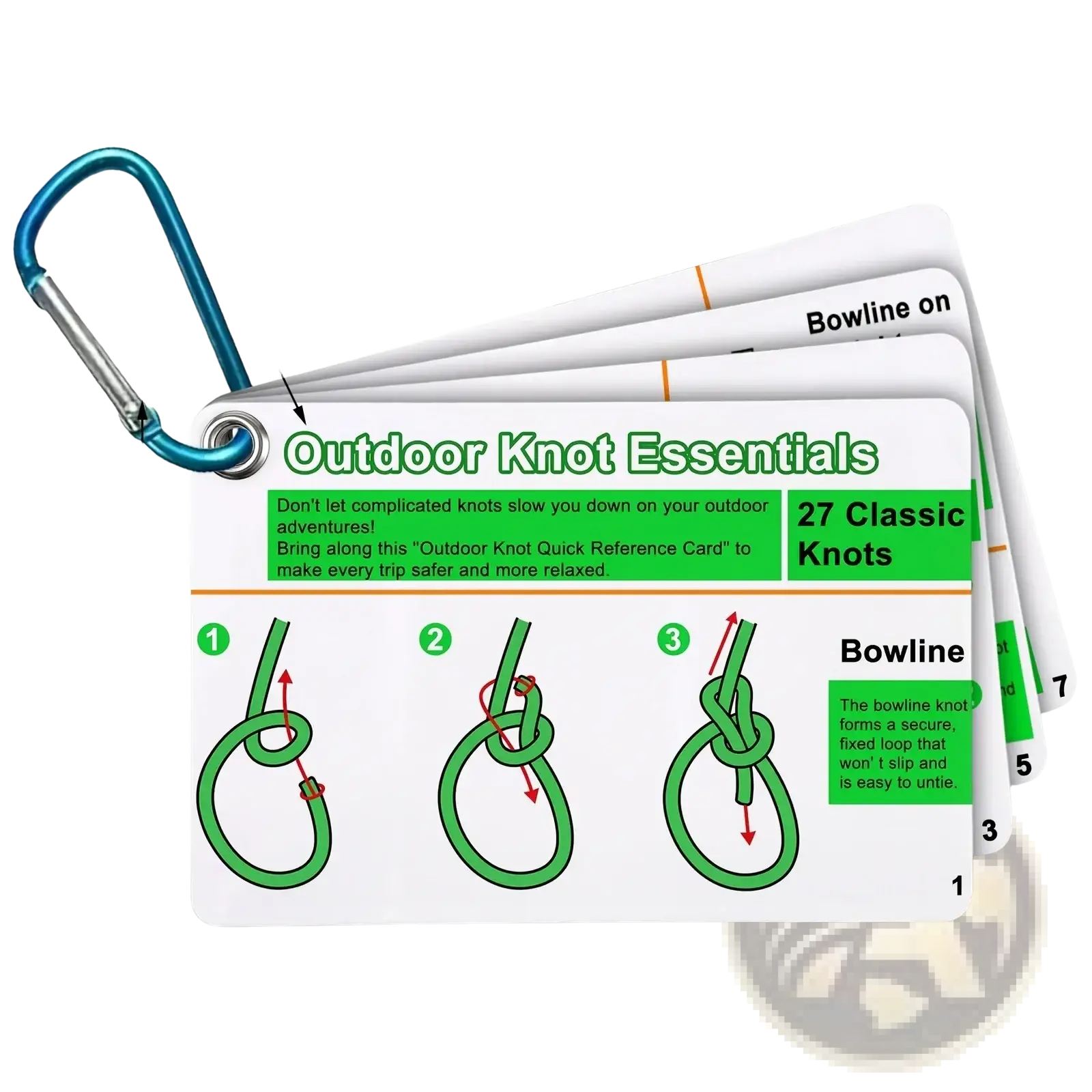 A compact white and green outdoor knot essentials quick reference card with illustrated diagrams and blue carabiner clip