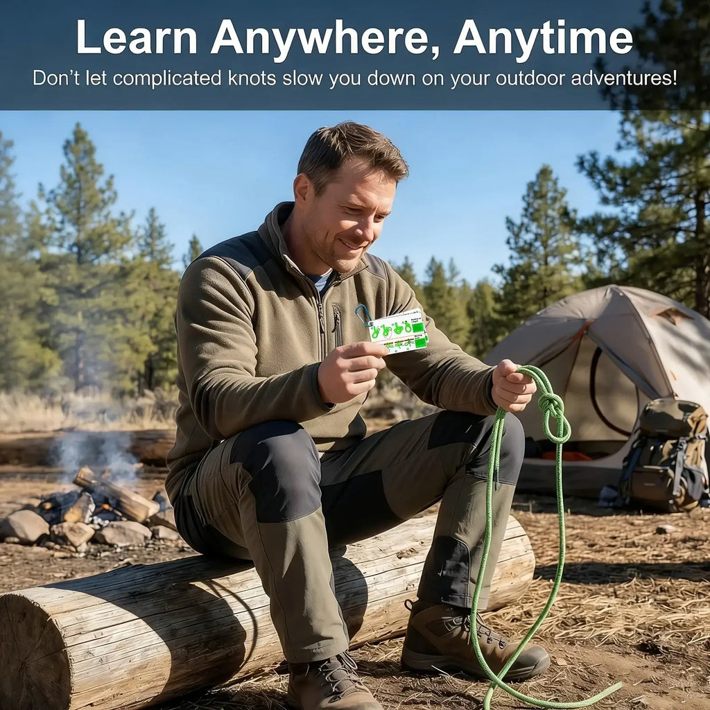 Green rope with a compact rectangular outdoor knot guide card featuring green and white instructional graphics