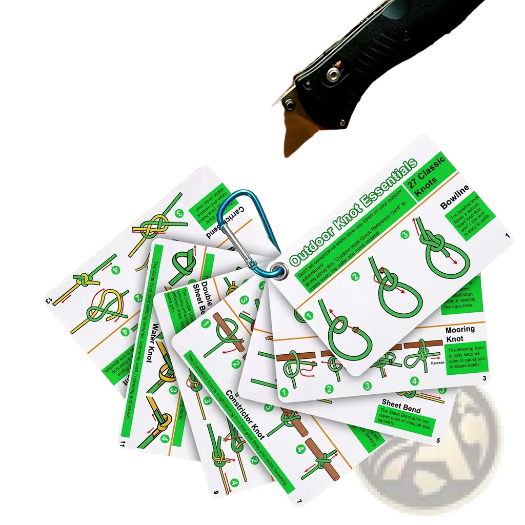 Outdoor knot guide cards set white and green with 27 classic illustrated knots attached to a blue carabiner