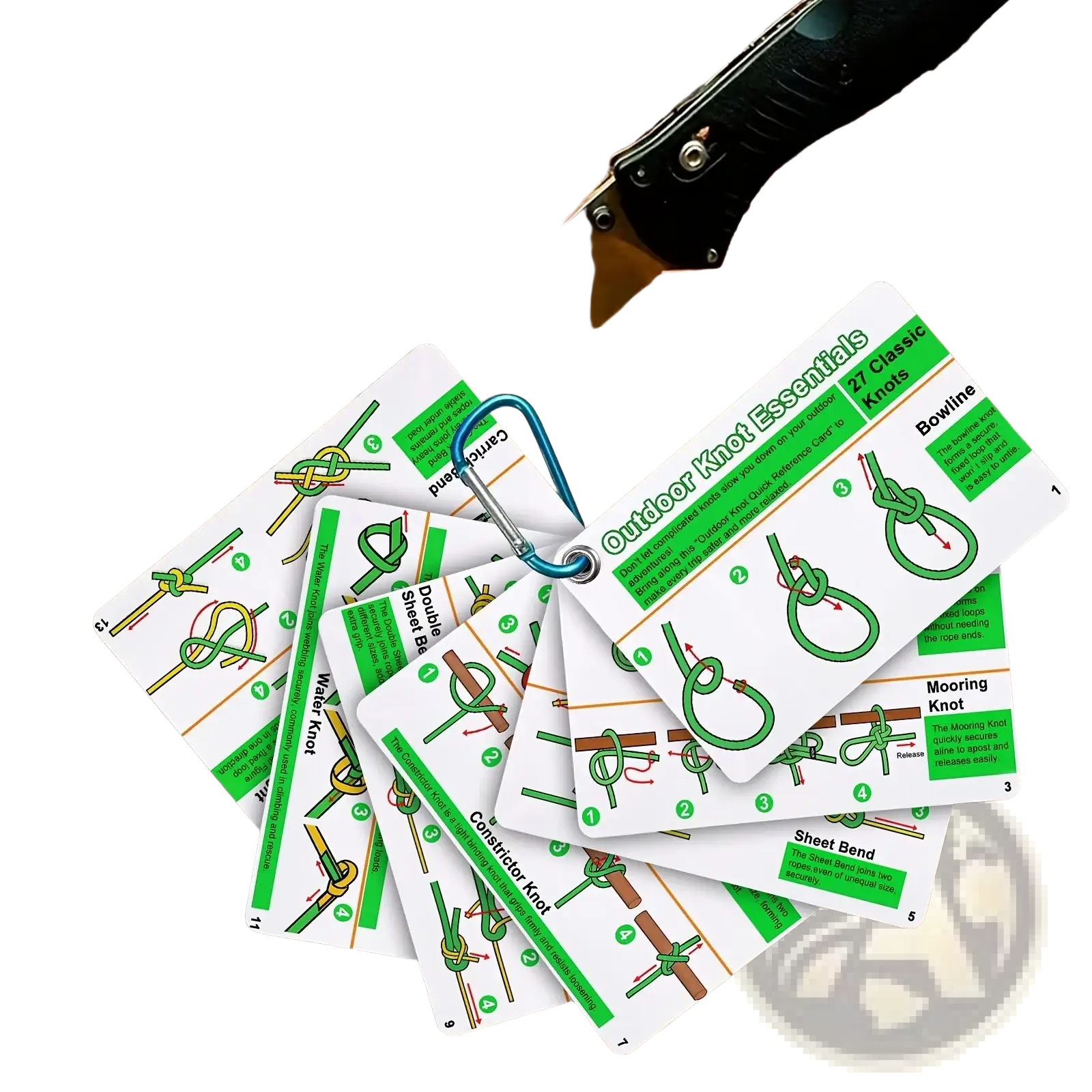 Outdoor knot guide cards set white and green with 27 classic illustrated knots attached to a blue carabiner