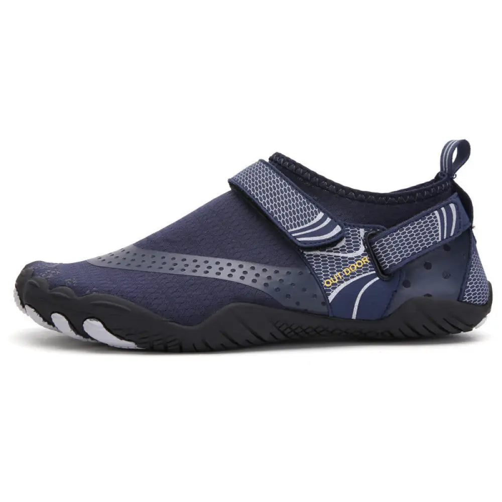 Lightweight cut resistant five finger outdoor wading shoe in navy blue with mesh upper and black rubber sole with white toe caps