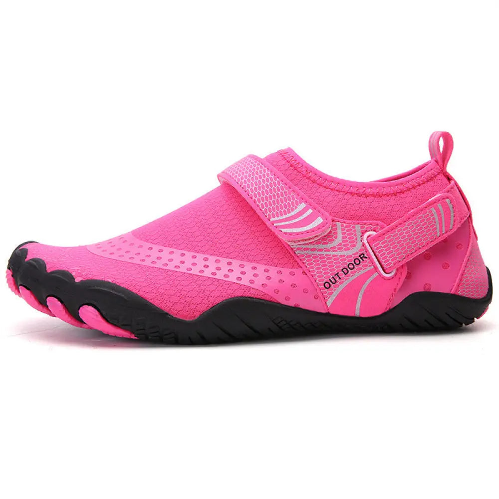 Lightweight bright pink cut resistant five finger outdoor wading shoe with mesh upper and black rubber sole