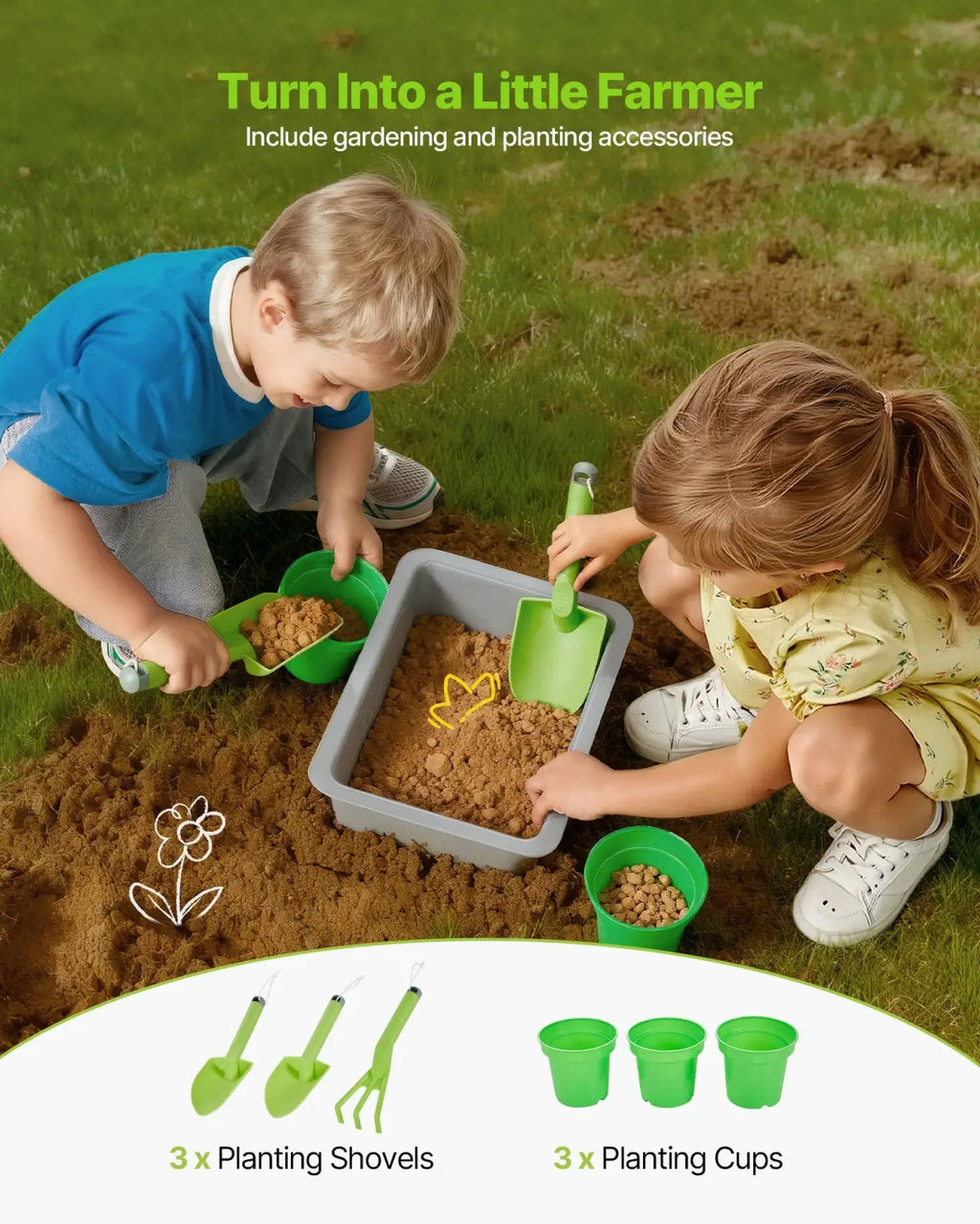 Green plastic gardening tool set with three planting shovels and cups for outdoor mud kitchen with canopy and wheels