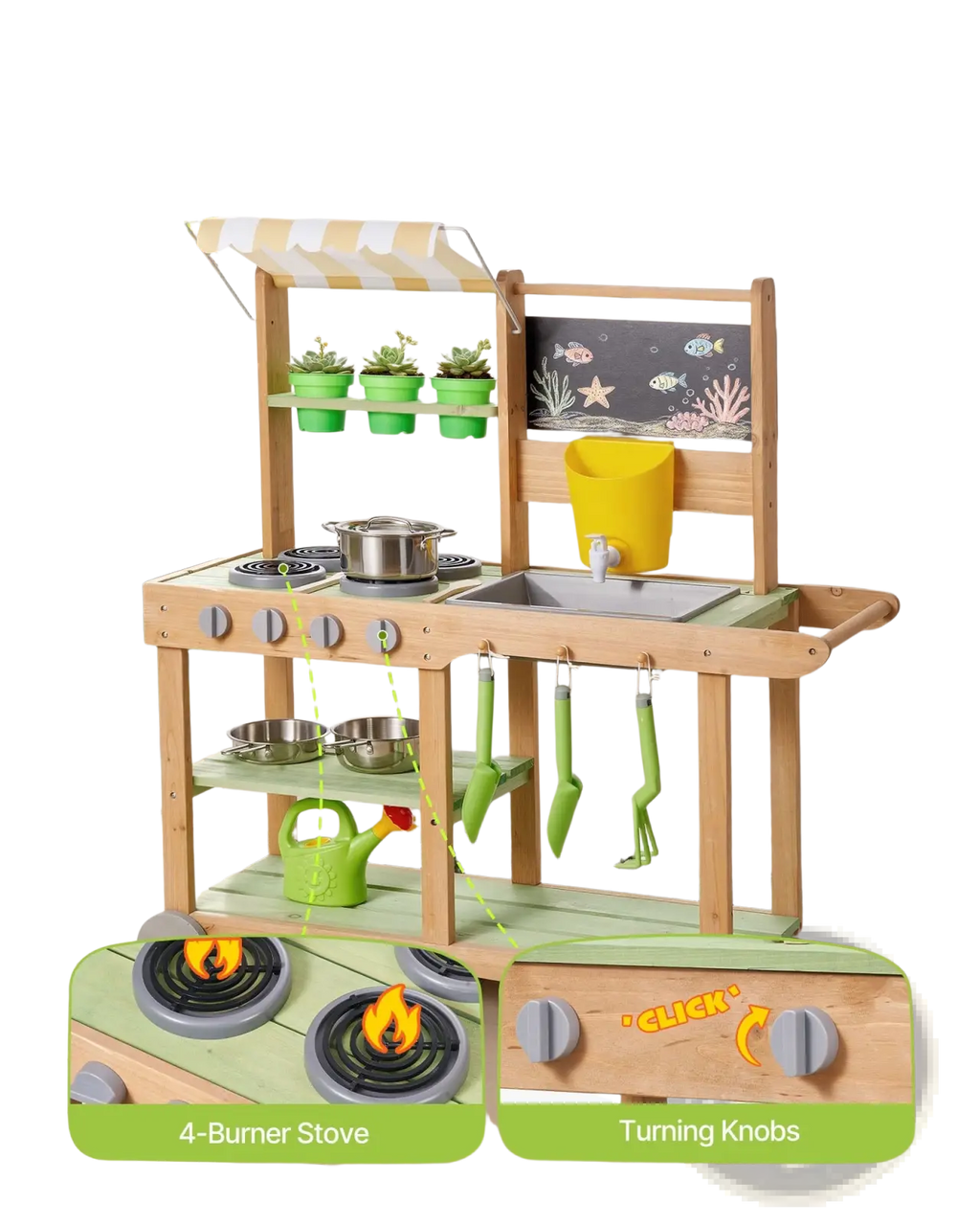 Outdoor mud kitchen for kids with wooden frame, light green countertop, stainless steel sink, yellow bucket, and green utensils