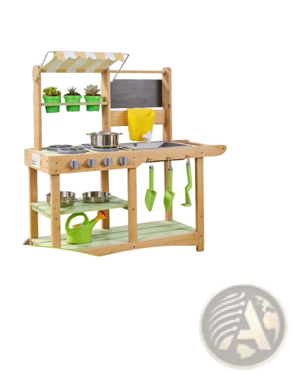 Outdoor mud kitchen for kids with natural solid wood construction, smooth finish, green accents, canopy, and wheels
