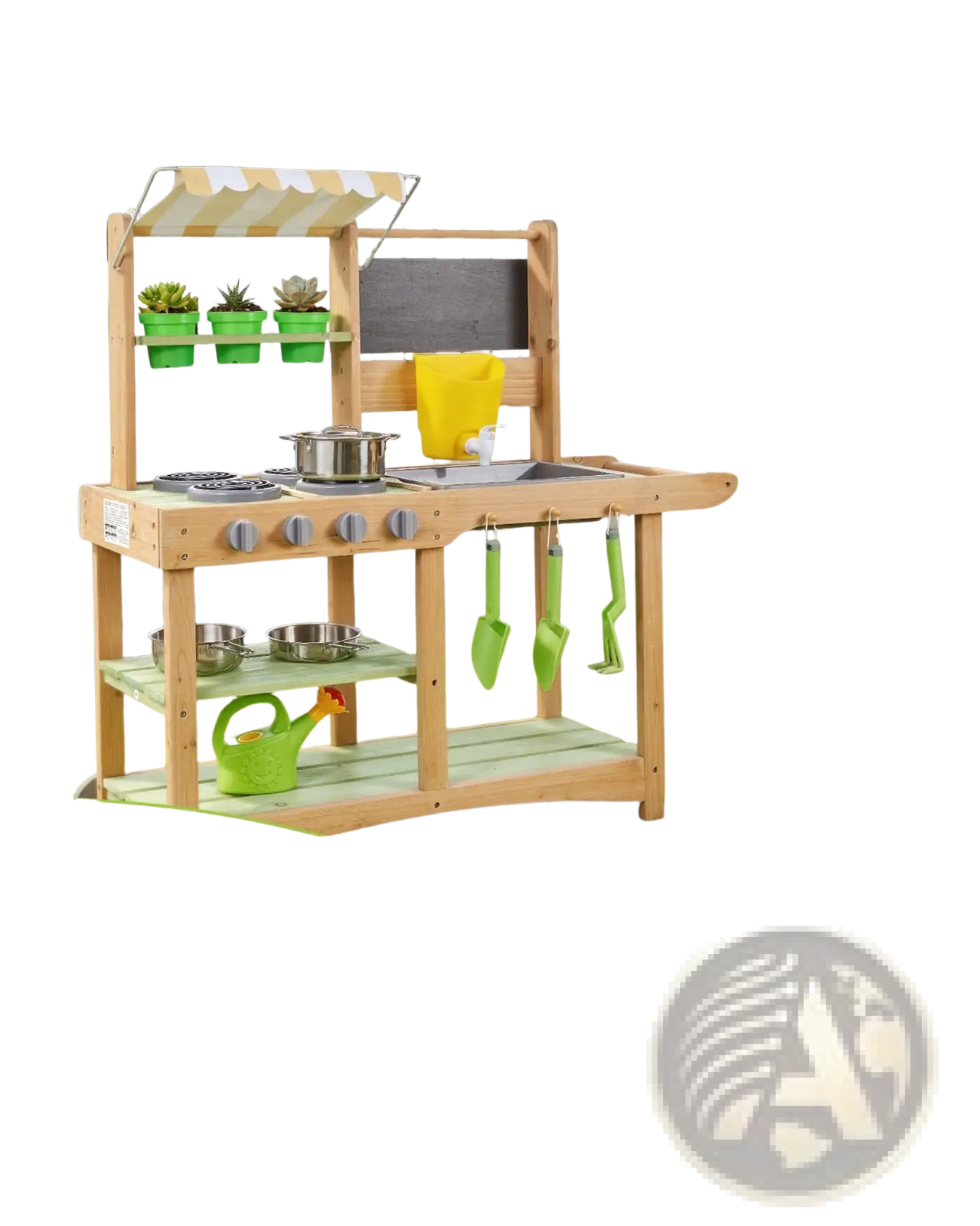 Outdoor mud kitchen for kids with natural solid wood construction, smooth finish, green accents, canopy, and wheels